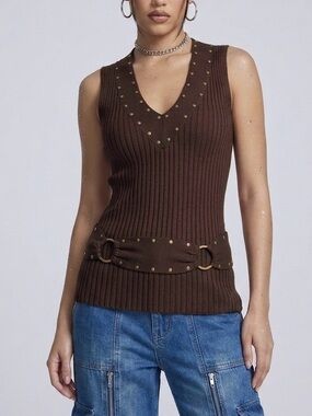Tracy M Vintage Y2K Brown Ribbed Studded Belted V-Neck Tank Top - Large